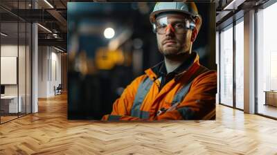 A confident engineer, captured in a professional headshot, wearing safety gear and standing against an industrial backdrop, symbolizing expertise and dedication to their craft.  Wall mural