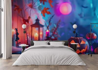 A Halloween party setup with a mix of colorful and spooky decorations. Wall mural