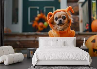 A small dog dressed in a pumpkin Halloween costume, sitting on a decorated porch. Wall mural