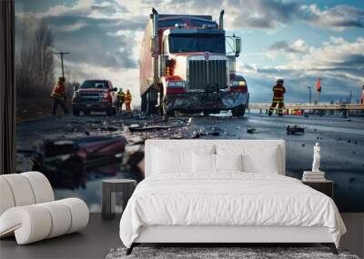 A truck accident scene with spilled cargo and emergency responders.  Wall mural