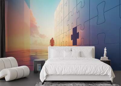 Abstract representation of self-discovery with puzzle pieces fitting together Wall mural