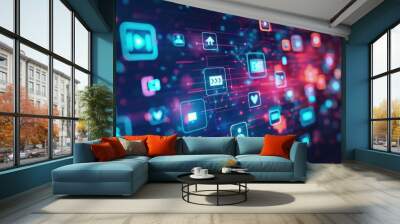 Abstract video marketing concept with digital icons representing video content creation and distribution Wall mural