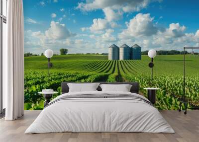 An idyllic countryside vista featuring grain silos nestled among rows of neatly cultivated crops, illustrating the harmony between human activity and the natural environment. Wall mural