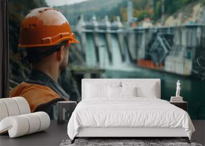 Engineer in a hard hat inspecting a hydropower facility Wall mural