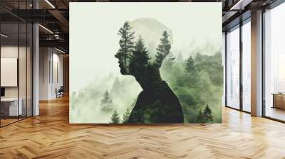 Profile silhouette of a person with an overlay of a forest. Wall mural