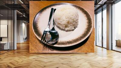 bowl of rice, White rice in bowl on table, Bowl of cooked Whole grain brown rice on wooden background overhead view Wall mural