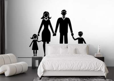 silhouette family, logo people mom dad and child, group of people black flat minimalism graphics isolated on a white background, holding hands, Parents and kid black icon, Happy family, Mother, father Wall mural