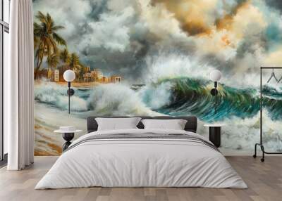 A crashing wave against a sandy shore, palm trees and buildings in the background, under a stormy sky. Wall mural