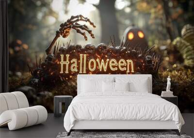 A glowing Halloween sign made of skulls in a spooky forest. Wall mural