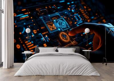 A hand interacts with a futuristic digital interface with glowing orange and blue icons. Wall mural