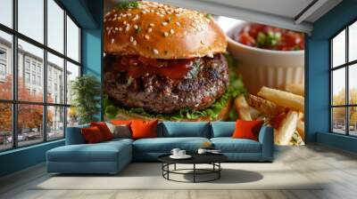 A perfectly grilled beef patty burger with lettuce, cheddar cheese and tomato sauce on an elegant white plate. The bun is covered in large sprinkles of fresh parsley. A bowl filled with fries sits Wall mural