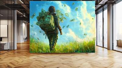 A person walks away from a field with money falling from the sky. Wall mural