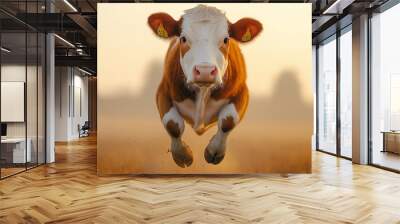 A red and white cow leaping through a field. .. Wall mural