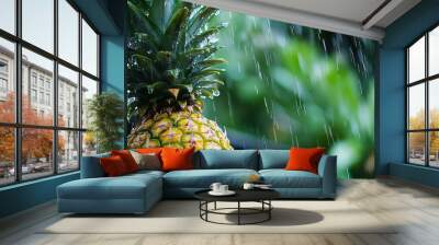 A ripe pineapple in the rain with water droplets on its leaves. Wall mural