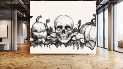 A skull, a bat, a pumpkin, and mushrooms create a spooky, Halloween border. Wall mural