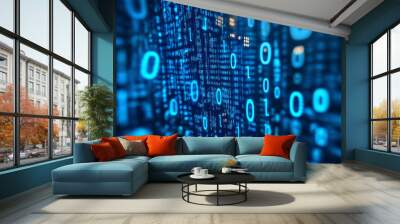 Abstract blue digital background with binary code and glowing numbers. Wall mural