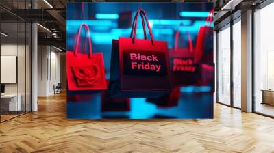 Black Friday shopping bags in blue and red light. Wall mural