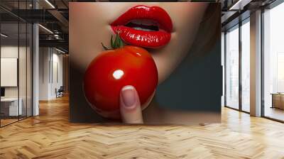 Close-up of red lips and a ripe tomato held by a finger. Wall mural