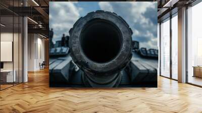 Close-up of tank cannon barrel, cloudy sky background. Wall mural