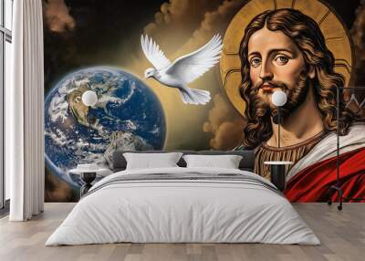 Jesus Christ portrait with dove and Earth globe. Wall mural