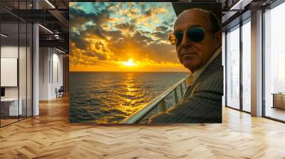 Man in sunglasses looks out at a golden sunset over the ocean. Wall mural