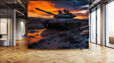 Military tank in muddy field at sunset. Wall mural