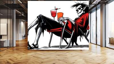 Skeletal vampire relaxes in a beach chair with a cocktail. Wall mural