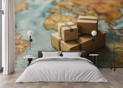 Three cardboard boxes on vintage world map. Wall mural