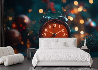 Alarm clock with a countdown display showing the final seconds before midnight, with festive decoration Wall mural