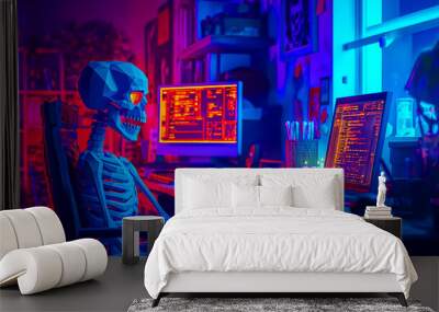 Skeleton work in the room in dark Wall mural