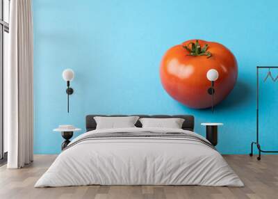 Close-up of fresh red tomato by copy space against blue background Wall mural