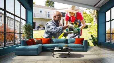 Happy senior diverse couple working in garden Wall mural