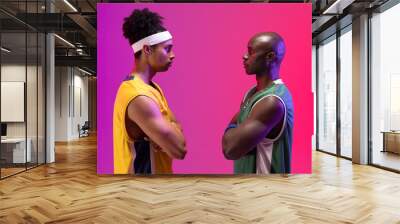 Image of two diverse basketball players facing each other on purple to pink background Wall mural