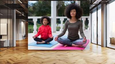 Mother and daughter meditating together in the porch Wall mural