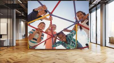 Portrait of happy schoolkids looking through dome climber Wall mural