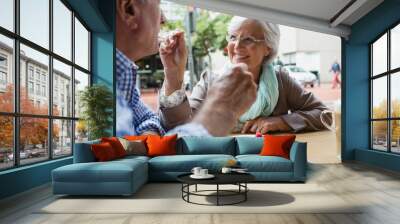 Senior woman feeding sweet food to man in café Wall mural