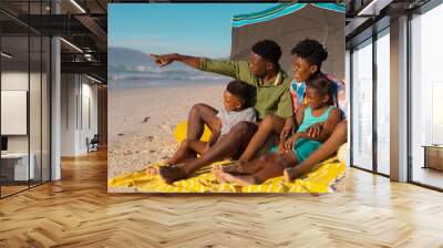 African american young man pointing while sitting with wife and children on blanket against sky Wall mural