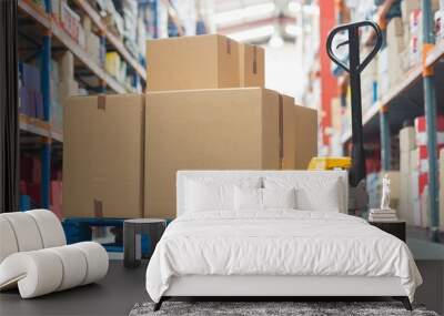 boxes on trolley in warehouse Wall mural