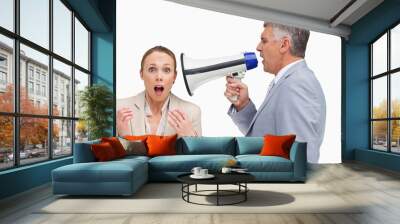 Businessman using a megaphone after his colleague Wall mural