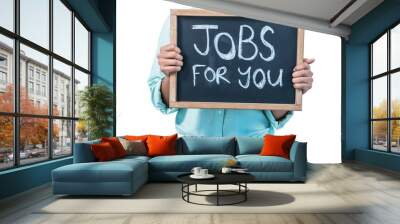 Businesswoman holding a signboard jobs for you Wall mural