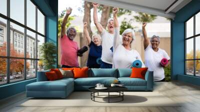 cheerful multi-ethnic seniors with exercise mats at park Wall mural