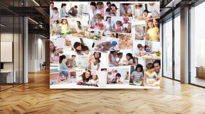 Collage of adults cooking with their children Wall mural