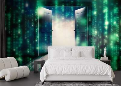 Composite image of doors opening to reveal beautiful sky Wall mural