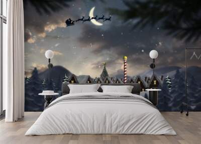 Composite image of silhouette of santa claus and reindeer Wall mural