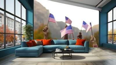 Diverse friends raising hands with flags of usa in garden Wall mural