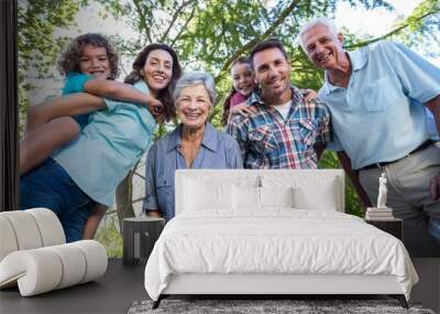 Extended family smiling in the park Wall mural