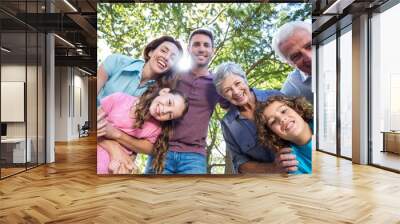 Extended family smiling in the park Wall mural