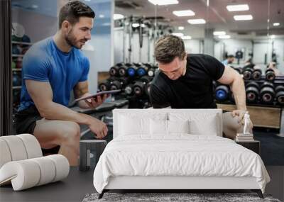 Fit man working out in weights room Wall mural