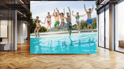 group of friends jumping in swimming pool Wall mural