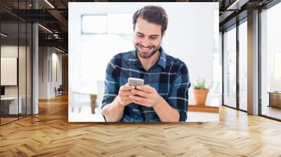 happy man using mobile phone Wall mural